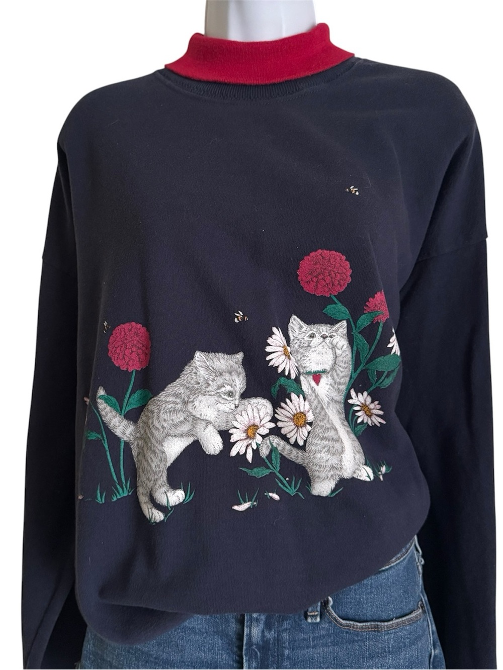 Vintage XL Cat Sweatshirt Mock Neck Floral Kittens Grandmacore Cottagecore
